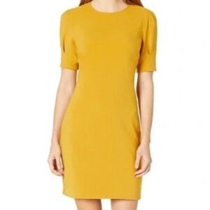 Yellow Crepe Puff Sleeve Shift Dress size 6 Mustard Short‎ Sleeve Crew Neck